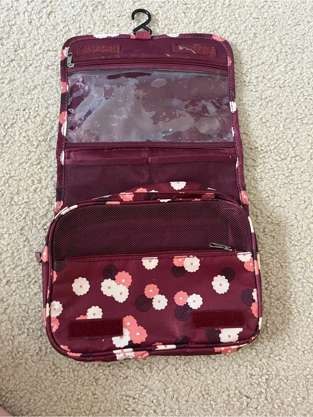 Floral Hanging Travel Toiletry Bag - Burgundy Pink